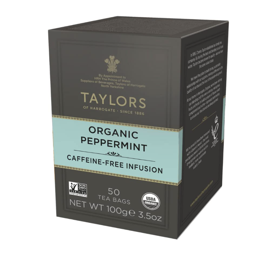 Taylors of Harrogate Organic Peppermint Herbal Tea, one of the best teas for a sore throat